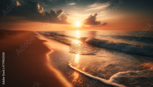 A serene beach scene at sunset, highlight the gentle waves lapping onto the sandy shore, with the sun's reflection glistening