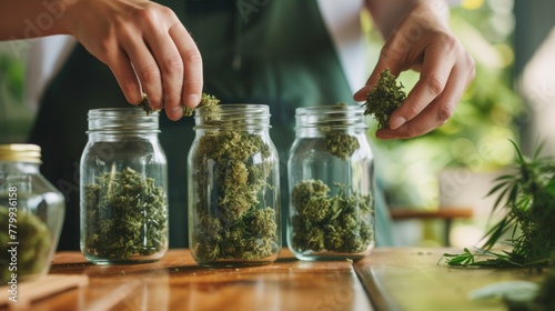 Hands working on dried cannabis buds on table for entertainment usage