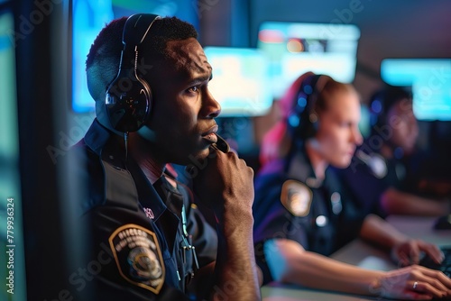 Police officers working in advanced 911 call center, emergency response concept