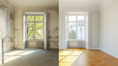 Renovated rooms with spacious windows and heating systems, both before and after the restoration process Examination of the differences between an old apartment and a newly renovated residence