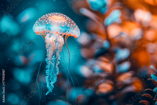 Common jellyfish in aquarium lit by blue light