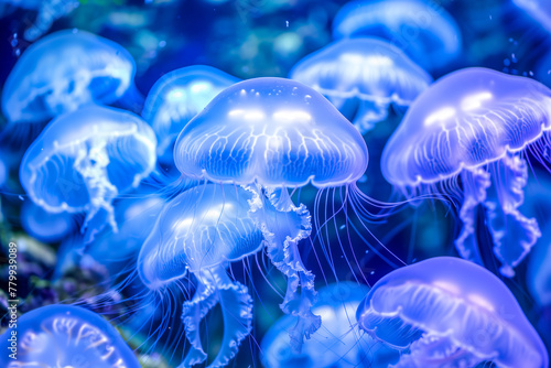 Common jellyfish in aquarium lit by blue light