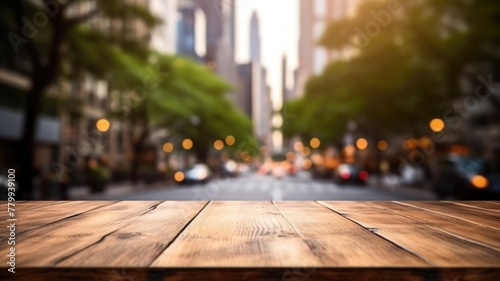 The empty wooden table top with blur background of NYC street. Exuberant image. generative AI