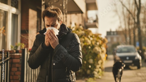 A person sneezing due to allergic with home animal.