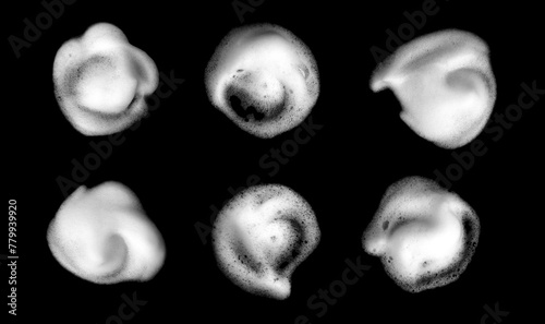 Set Foam texture, white bubbles from soap or shampoo or shower gel and facial foam. isolated on black background 