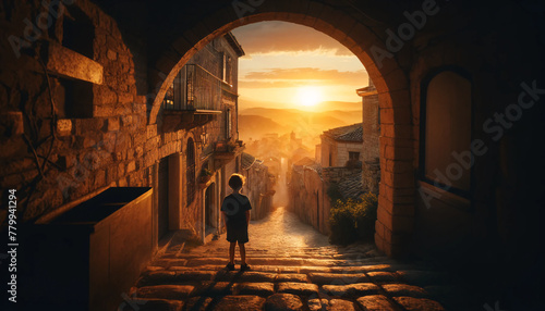 The charm of an old European town at sunset. The view is framed by a stone archway leading to a cobblestone street