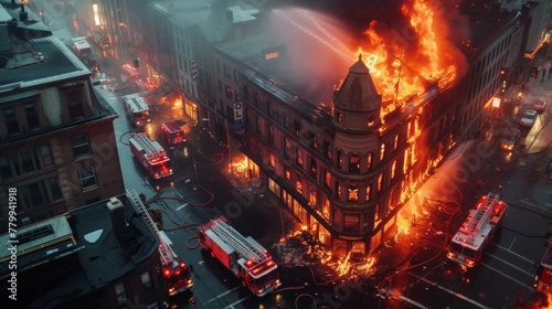 Aerial view of a burning building with fire trucks putting off fire flame in a large city