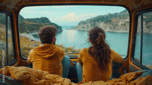 A couple travelling in a caravan and enjoying the view