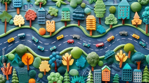 A colorful paper cut out of a city with trees and houses, AI