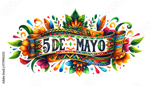 Cinco de Mayo hoilday lettering on festive ribbon, isolated on transparent white background. 5 de Mayo or the fifth of May. Celebration Mexican victory at 1862 May, 5th and history heiretage