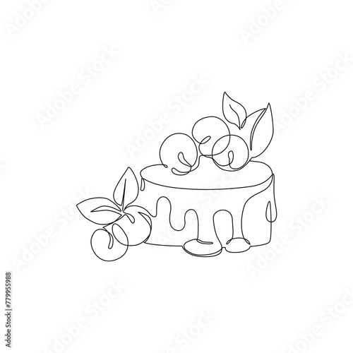 Continuous one line drawing of cake with blueberries, mint
