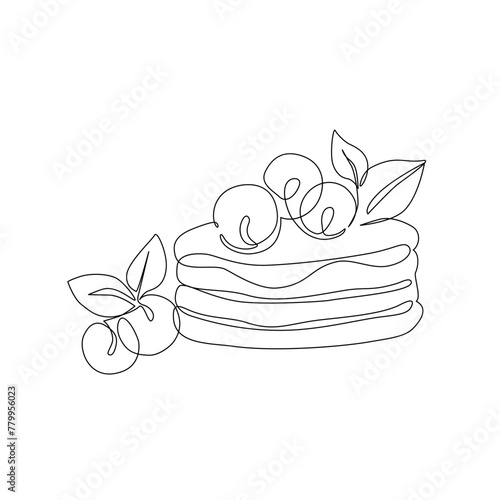 Abstract pancakes with berry fruit, mint leaves, jam topping. Sweet dessert breakfast concept.