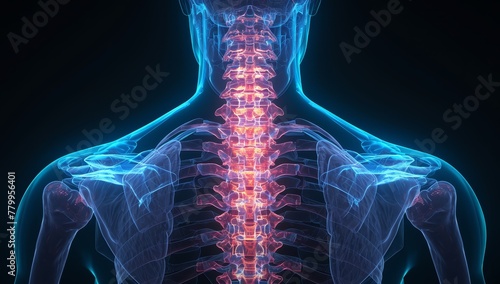 An x-ray of a human back showed pain in the spine, highlighted in red color to represent neck and low back pain
