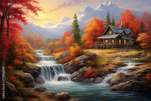 An HD-captured image presenting a realistic depiction of a captivating painting that features a mountainous backdrop, a cozy cabin, and a meandering stream, all adorned with the vibrant colors of autu