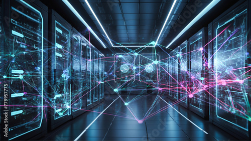 Futuristic server room with digital neural network double exposure. Central data storage area, network connection, and data center with neon lights. AI Generated
