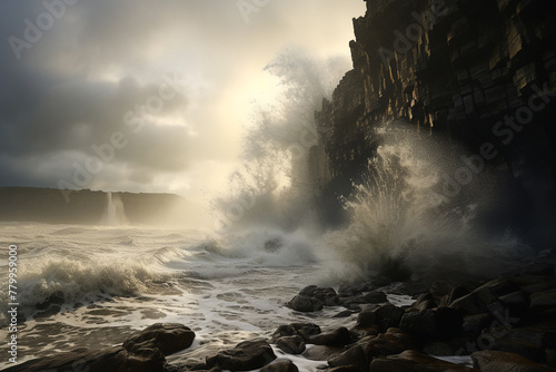 Awe-inspiring view of a dramatic sea cliff against crashing waves