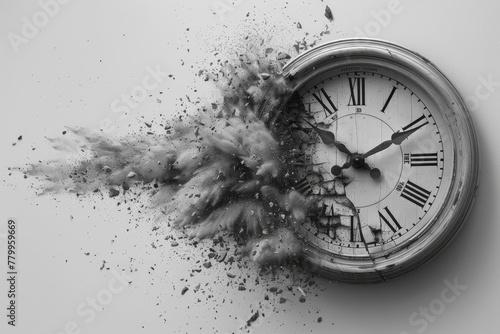 Time running out, a white wall clock is disintegrating into particles on a white background
