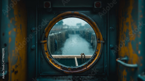 A ships porthole with a view of the raincovered harbor outside