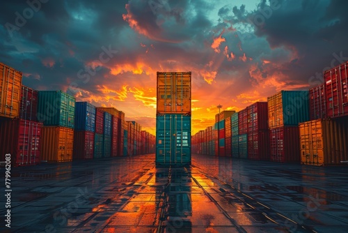 Towering multicolored cargo containers at freight yard during golden hour