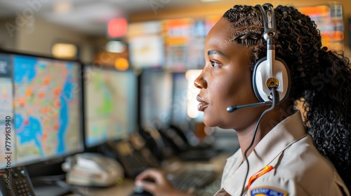african american call dispatcher emergency services speaking into their headset and with tracking maps on the screens 