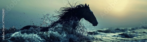Water creating horse silhouette, frontal view, dynamic lighting, dusk ambiance , high-resolution