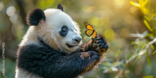 panda and butterfly Concept: wildlife conservation, zoo and environmental organizations.