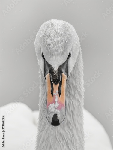 Un cisne, adornado con copos de nieve, nos confronta con una mirada serena, sus plumas una suave fortaleza contra el silencio del invierno, encarnando la gracia silente de la estación.