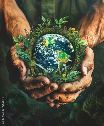 La Tierra, lienzo de vida, reposa en manos cuidadoras, envuelta en follaje y flora; un poderoso tributo al Día Internacional de la Tierra y nuestro papel como guardianes del mundo verde.