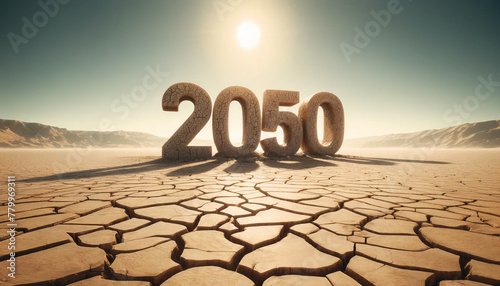 climate change- 2050 write on cracked earth