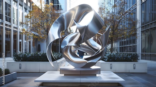 A dynamic abstract sculpture mounted on an outdoor plaza, inviting viewers to engage with its form.