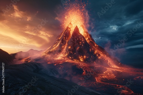 A mountain spewing out intense flames and smoke from its peak, depicting a volcanic eruption