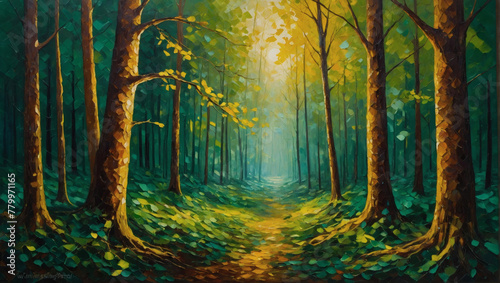 Oil painting of a mystical forest scene with emerald green trees and golden sunlight filtering through the leaves, executed with palette knives for texture.