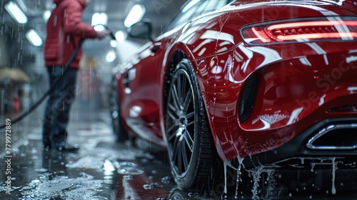 Professional Car Wash Detailing with High-Pressure Water Jet on Luxury Sports Car