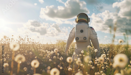 Astronaut returned to EARTH AFTER SPACE mission walking enjoying chamomile field in space suit and helmet in the grass with beautiful flowers. Sci-Fi, ecology and human space traveling concept image.