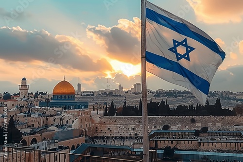 Israeli Flag Overlooking Jerusalem Cityscape. The Israeli flag proudly waves with a backdrop of Jerusalem's iconic skyline and the Dome of the Rock at sunset