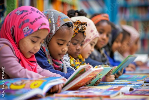 Diverse Young Readers Engrossed in Colorful Books. Group of children with headscarves reading together, absorbed in vibrant storybooks.
