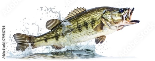 An action shot of a largemouth bass fish jumping out of water creating a dynamic splash, isolated on a white background.