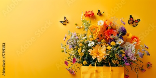Yellow bag with flowers and butterflies on bright yellow background. Gardening, spring is here, summer beginning or mother's day concept, flat lay mockup banner with copy space.