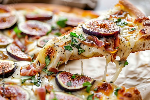 Gourmet fig and prosciutto pizza slice with melting cheese and fresh herbs