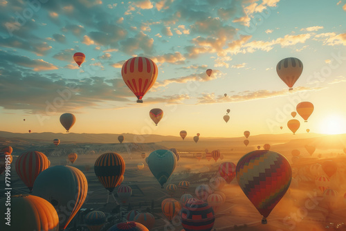 A sky full of hot air balloons with a beautiful sunset in the background