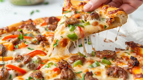 Close-up of a hand pulling a cheesy pizza slice with toppings