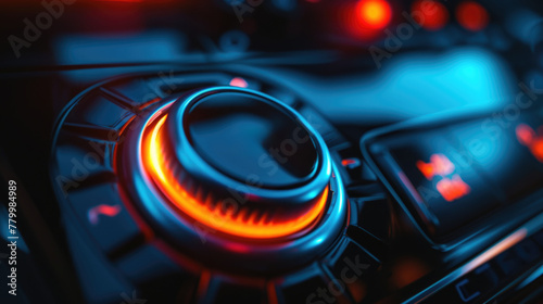 A close up of a car's dashboard with a knob that is glowing orange. The knob is located in the middle of the dashboard and is surrounded by other buttons. Scene is futuristic and high-tech