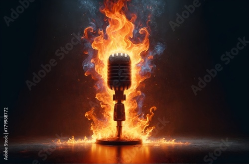 A microphone ablaze with fire