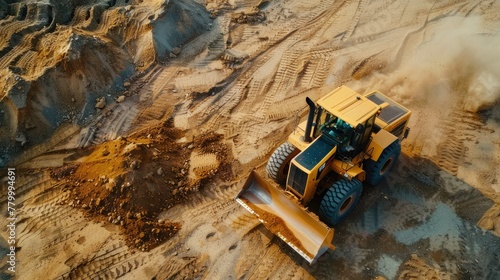 A yellow wheel loader works on a construction site. He uses a modern Forista-style front loader with a large bulldozer to clear the sand.