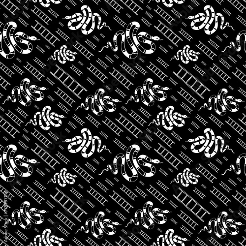 White-outlined hand-drawn snakes seamless pattern with diagonally arranged ladders on a black backdrop. Monochromatic elegant pattern designed for printing on different materials.