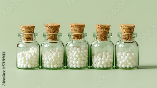 Glass bottles with white homeopathic pills on teal background. Homeopathy medicine. Concept of alternative medicine, natural remedy, naturopathy, holistic healing, wellness, and pharmaceuticals.