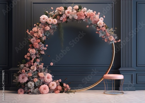 Pink and white flowers in a gold hoop frame with a pink velvet chair in front of a dark blue wall