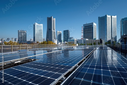 Des panneaux solaires sur le toit d'un immeuble de bureaux dans une grande ville, ciel bleu en arrière-plan, image avec espace pour texte.
