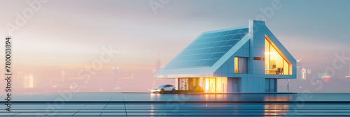 A smart home equipped with a photovoltaic panel system on the roof that uses solar energy to power all devices.