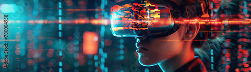In a stylized depiction of future technology, a user interfaces with a virtual reality environment, their face lit by the soft glow of digital projections